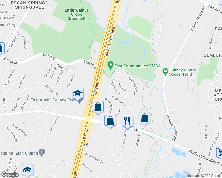 map of restaurants, bars, coffee shops, grocery stores, and more near 5307 King Charles Drive in Austin