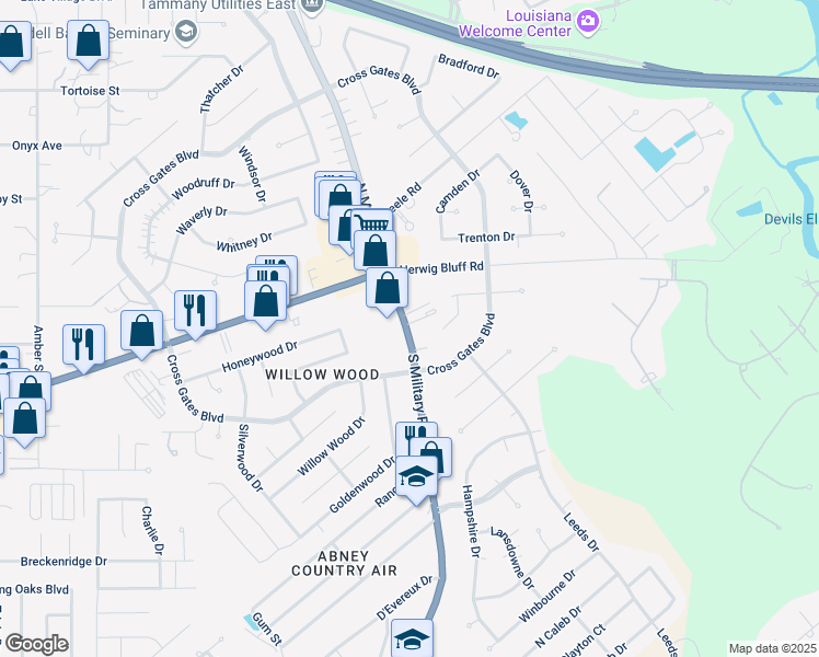 map of restaurants, bars, coffee shops, grocery stores, and more near 168 South Military Road in Slidell