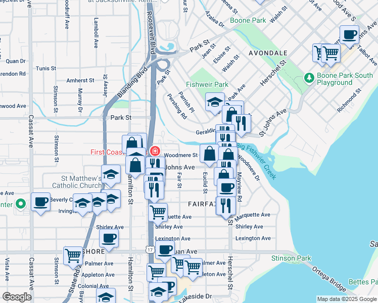 map of restaurants, bars, coffee shops, grocery stores, and more near 4341 Woodmere Street in Jacksonville