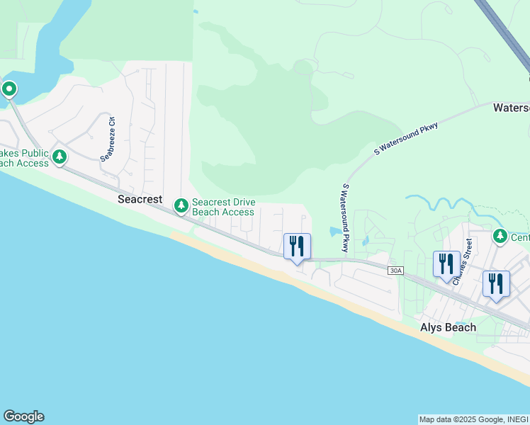 map of restaurants, bars, coffee shops, grocery stores, and more near 128 Walton Gulfview Drive in Alys Beach