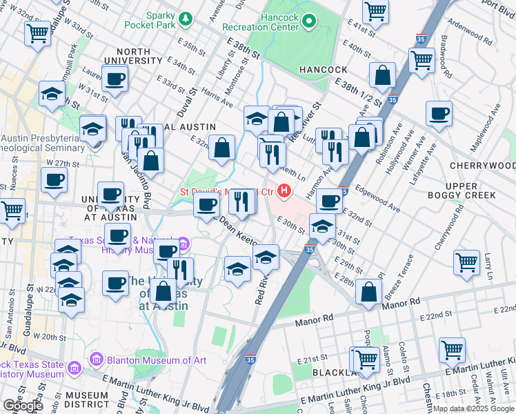 map of restaurants, bars, coffee shops, grocery stores, and more near 3001 Medical Arts Street in Austin