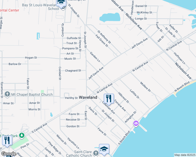 map of restaurants, bars, coffee shops, grocery stores, and more near 419 Merritt Street in Waveland