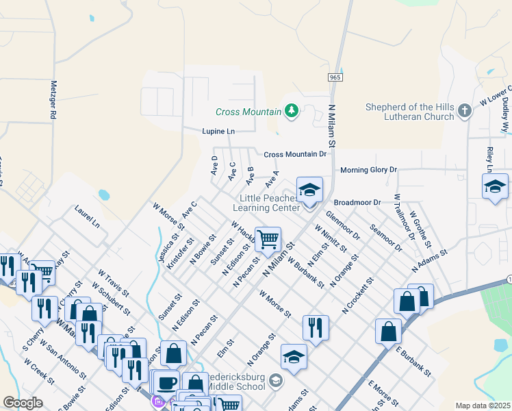 map of restaurants, bars, coffee shops, grocery stores, and more near 1003 Avenue A in Fredericksburg