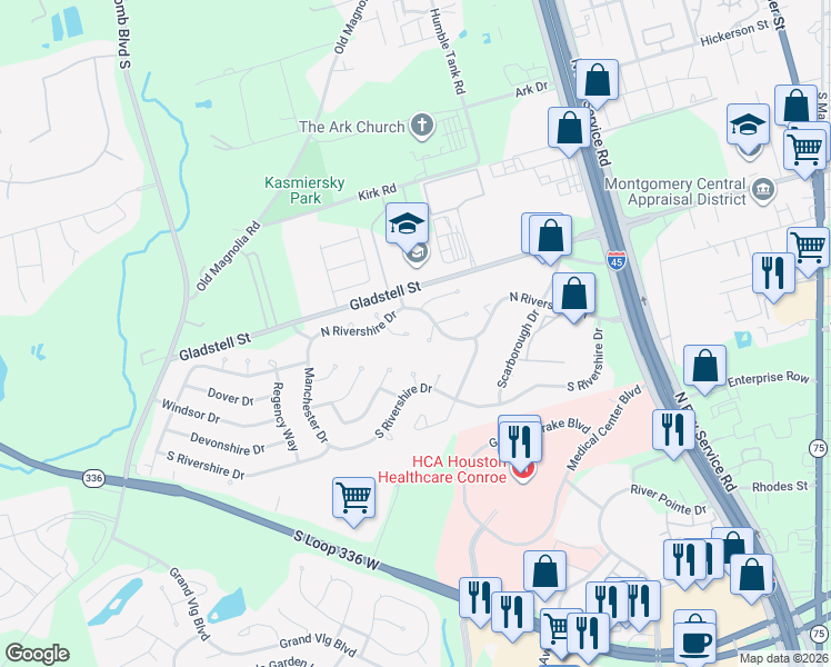 map of restaurants, bars, coffee shops, grocery stores, and more near 11 Earls Row in Conroe