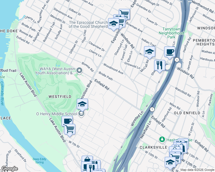 map of restaurants, bars, coffee shops, grocery stores, and more near 2506 Enfield Road in Austin