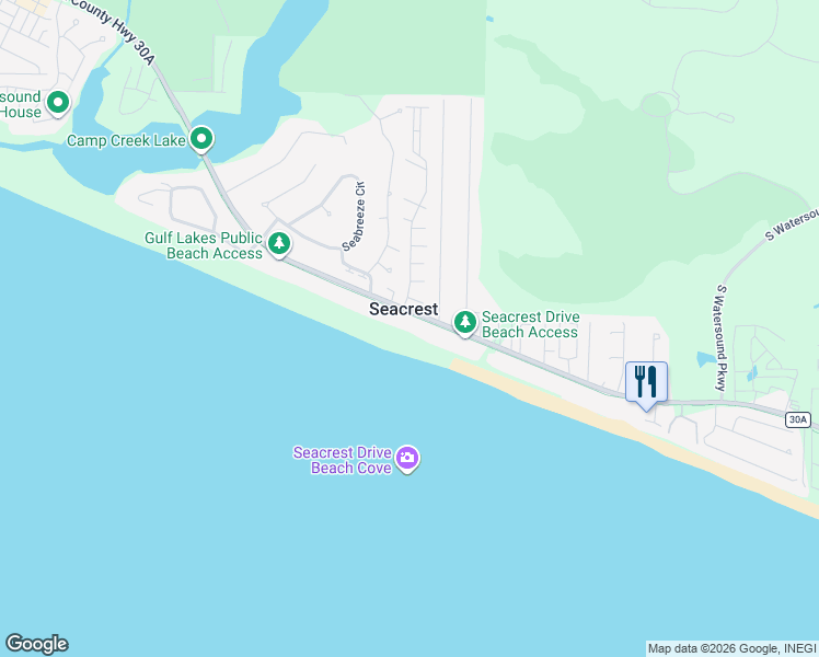 map of restaurants, bars, coffee shops, grocery stores, and more near 8372 East County Highway 30A in Seacrest