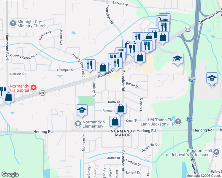 map of restaurants, bars, coffee shops, grocery stores, and more near 8051 Chateau Drive South in Jacksonville