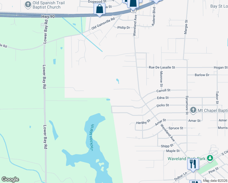 map of restaurants, bars, coffee shops, grocery stores, and more near 1221 Donlard Street in Waveland