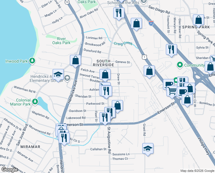 map of restaurants, bars, coffee shops, grocery stores, and more near St Augustine Rd & Ashland St in Jacksonville