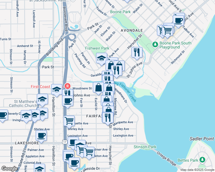 map of restaurants, bars, coffee shops, grocery stores, and more near 4211 Woodmere Street in Jacksonville