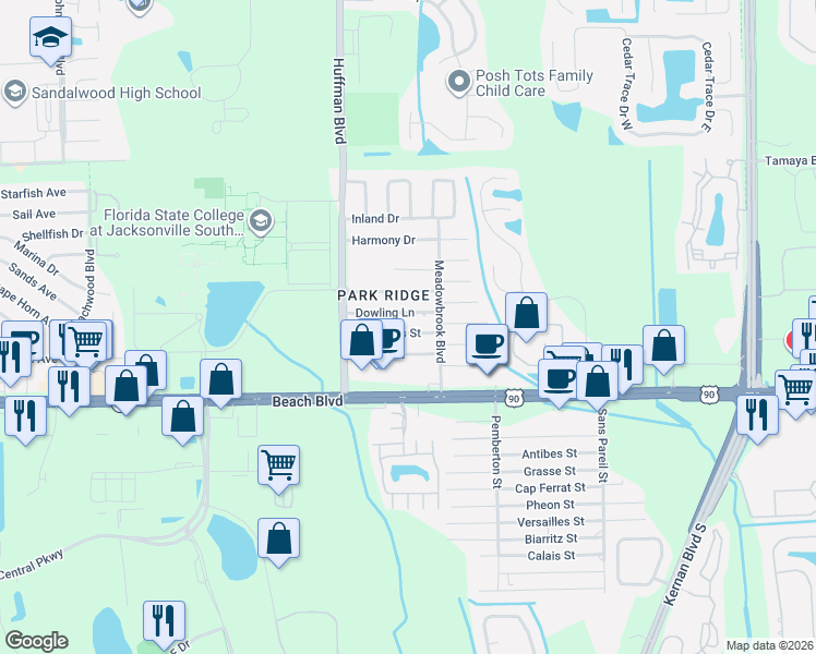 map of restaurants, bars, coffee shops, grocery stores, and more near 11959 Cornelius Street in Jacksonville
