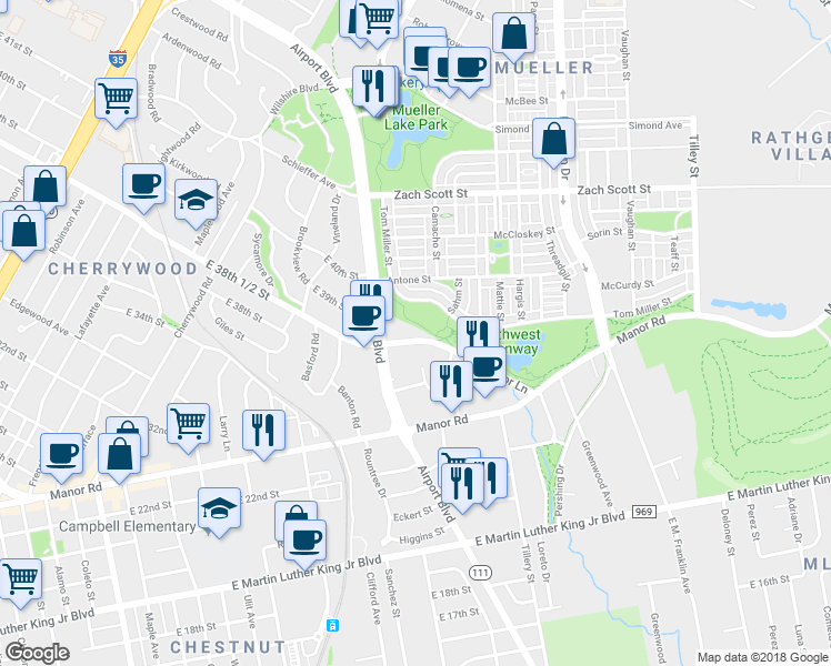 map of restaurants, bars, coffee shops, grocery stores, and more near 1924 East 38th 1/2 Street in Austin