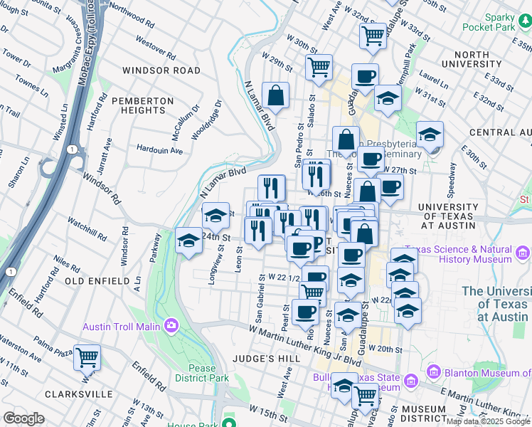 map of restaurants, bars, coffee shops, grocery stores, and more near 910 West 25th Street in Austin