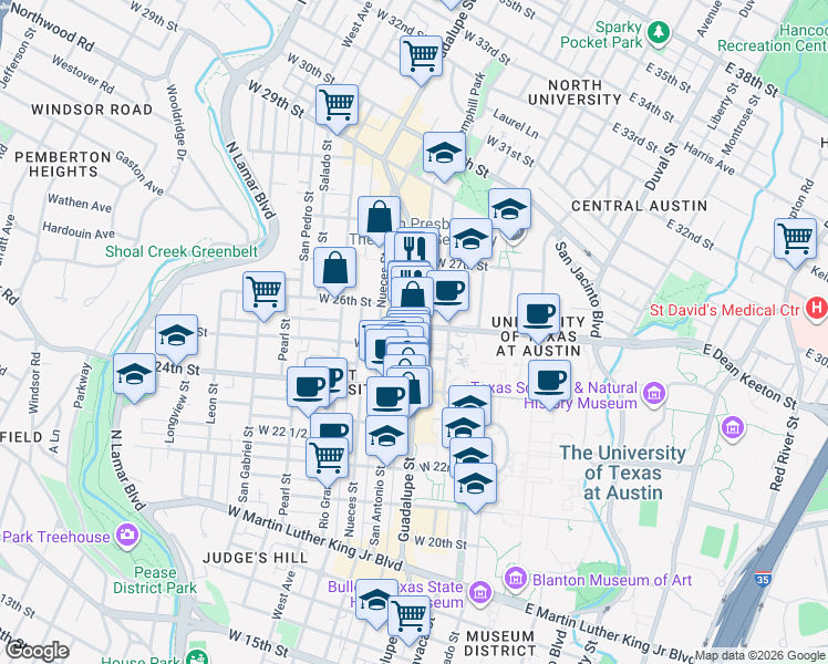 map of restaurants, bars, coffee shops, grocery stores, and more near 2512 Guadalupe Street in Austin