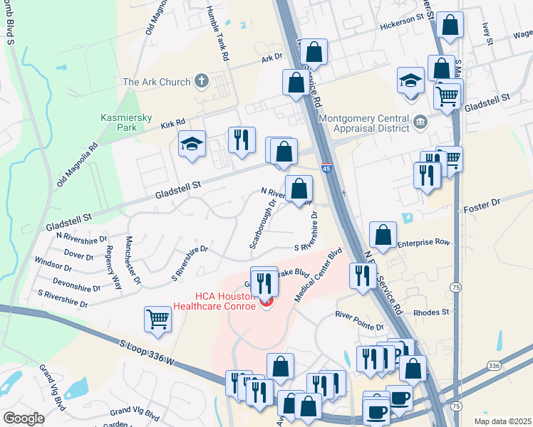 map of restaurants, bars, coffee shops, grocery stores, and more near 297 Scarborough Drive in Conroe