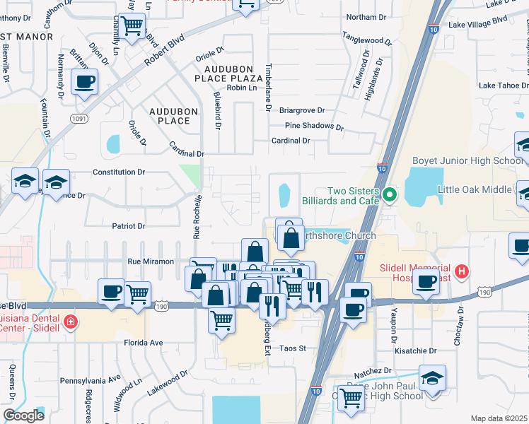 map of restaurants, bars, coffee shops, grocery stores, and more near 403 Kensington Boulevard in Slidell