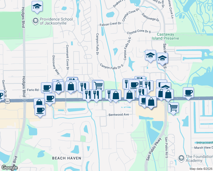 map of restaurants, bars, coffee shops, grocery stores, and more near 14051 Beach Boulevard in Jacksonville