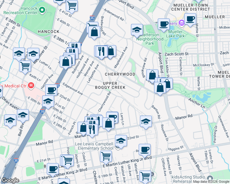 map of restaurants, bars, coffee shops, grocery stores, and more near 3403 Cherrywood Road in Austin