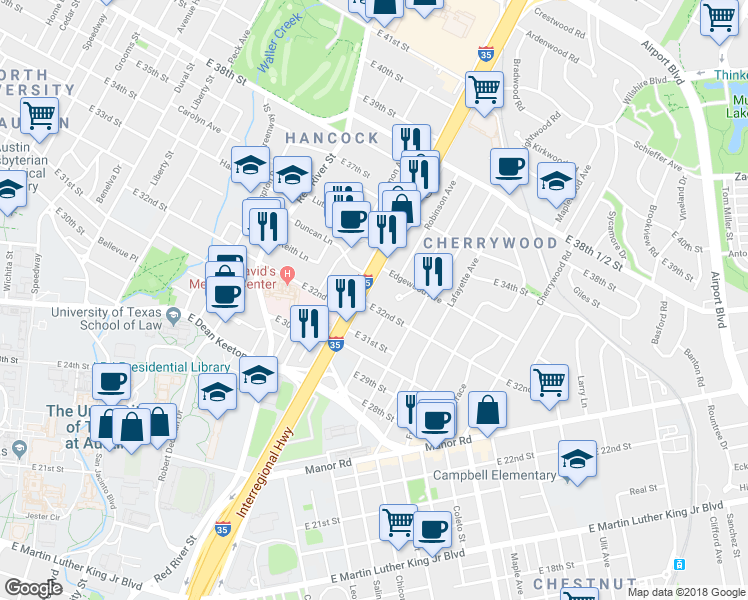 map of restaurants, bars, coffee shops, grocery stores, and more near 1100 East 32nd Street in Austin