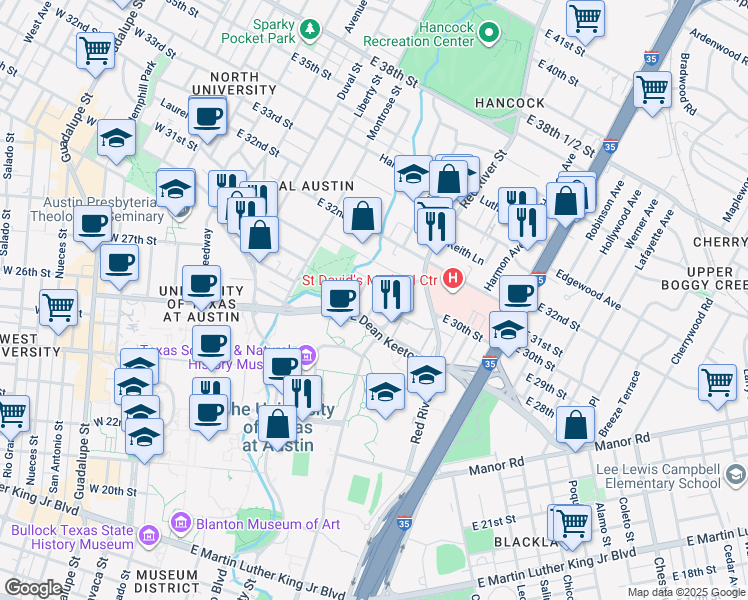 map of restaurants, bars, coffee shops, grocery stores, and more near 2902 Hampton Road in Austin