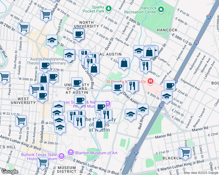 map of restaurants, bars, coffee shops, grocery stores, and more near 702 East Dean Keeton Street in Austin