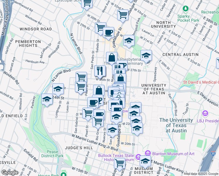 map of restaurants, bars, coffee shops, grocery stores, and more near 2503 Nueces Street in Austin