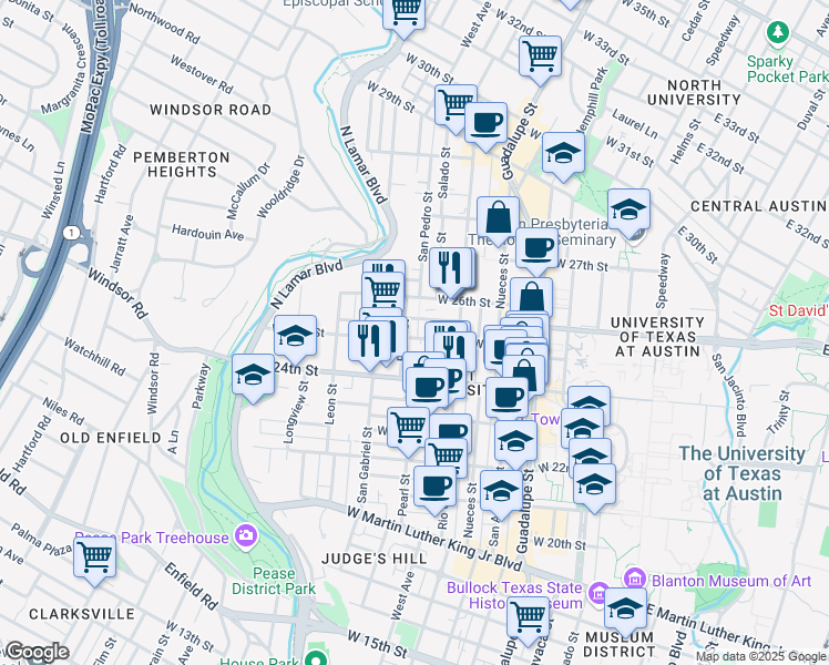 map of restaurants, bars, coffee shops, grocery stores, and more near 702 West 25th Street in Austin