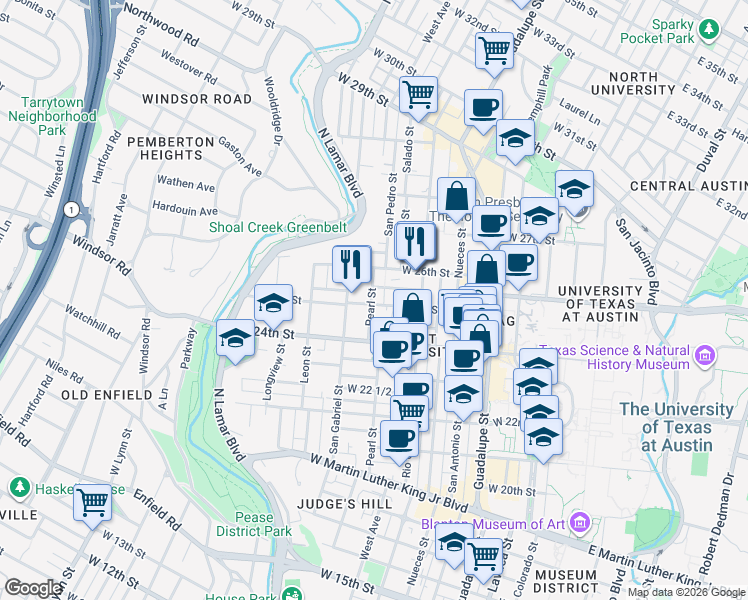 map of restaurants, bars, coffee shops, grocery stores, and more near 702 West 25th Street in Austin