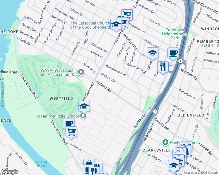 map of restaurants, bars, coffee shops, grocery stores, and more near 2506 Enfield Road in Austin