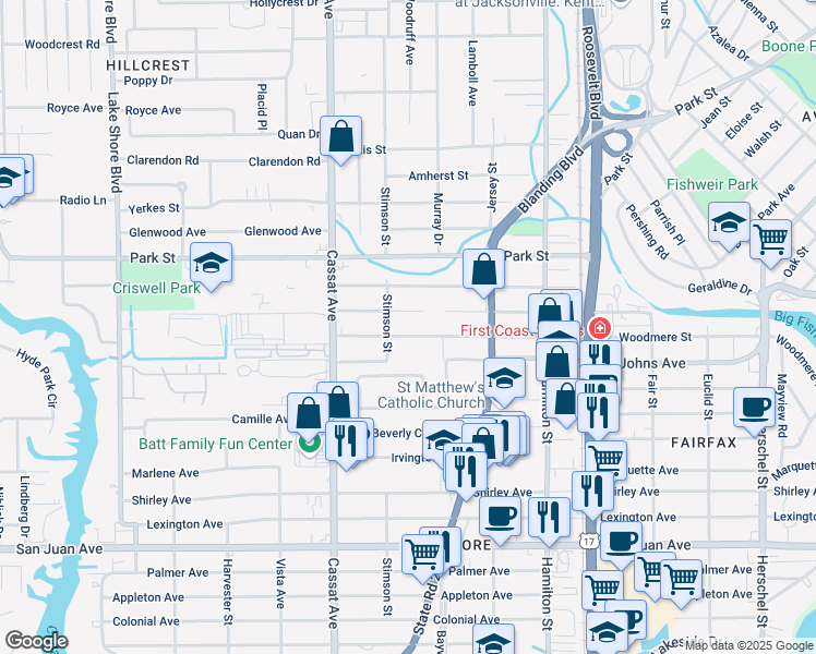 map of restaurants, bars, coffee shops, grocery stores, and more near 4745 Shelby Avenue in Jacksonville