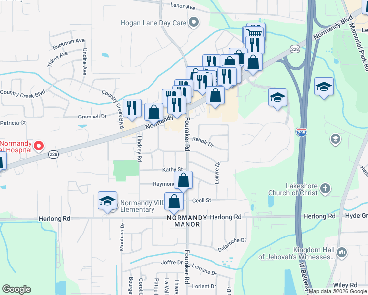 map of restaurants, bars, coffee shops, grocery stores, and more near 8007 Chateau Drive South in Jacksonville