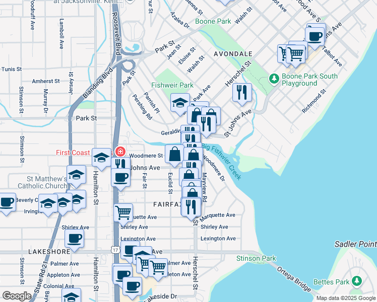 map of restaurants, bars, coffee shops, grocery stores, and more near 4211 Woodmere Street in Jacksonville
