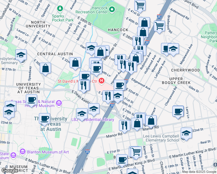 map of restaurants, bars, coffee shops, grocery stores, and more near 1005 East 32nd Street in Austin