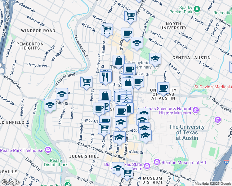 map of restaurants, bars, coffee shops, grocery stores, and more near 2502 Nueces Street in Austin