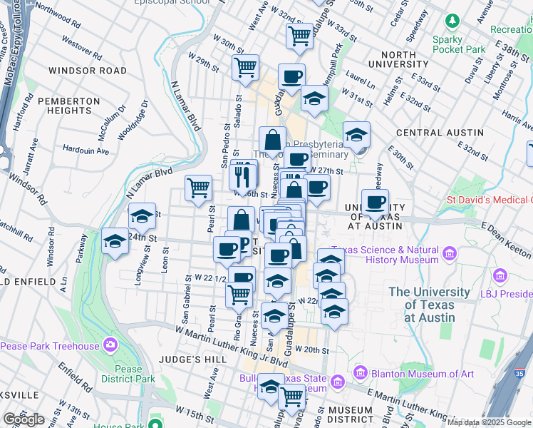 map of restaurants, bars, coffee shops, grocery stores, and more near 2502 Nueces Street in Austin