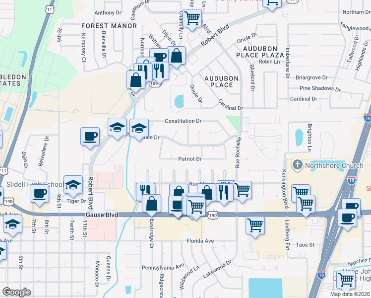 map of restaurants, bars, coffee shops, grocery stores, and more near 1333 Independence Drive in Slidell