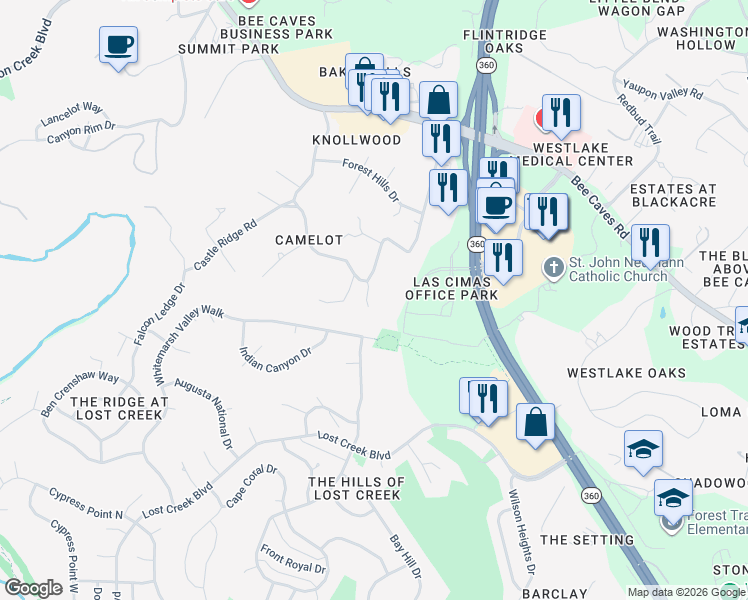 map of restaurants, bars, coffee shops, grocery stores, and more near 833 Castle Ridge Road in Austin