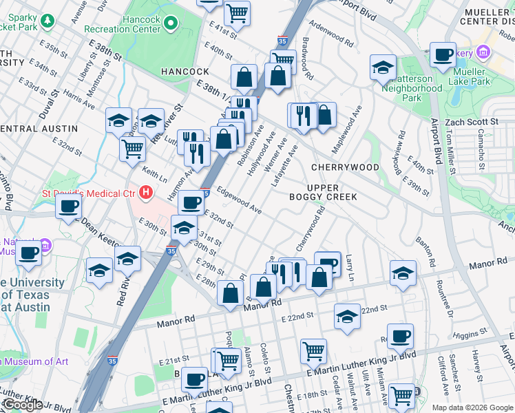 map of restaurants, bars, coffee shops, grocery stores, and more near 3300 Lafayette Avenue in Austin