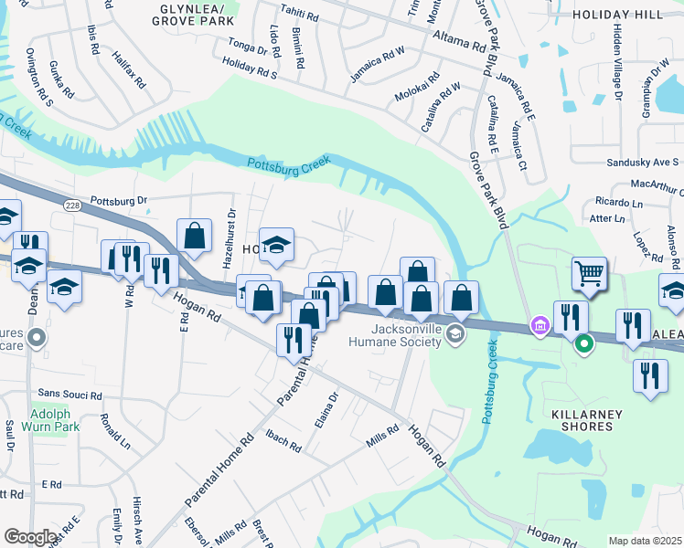 map of restaurants, bars, coffee shops, grocery stores, and more near 1511 Parental Home Road in Jacksonville