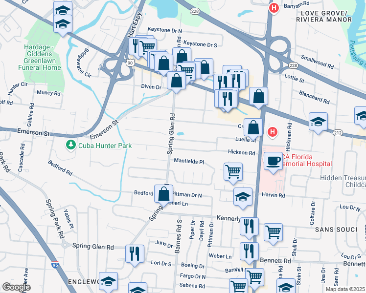 map of restaurants, bars, coffee shops, grocery stores, and more near 5447 Hickson Road in Jacksonville