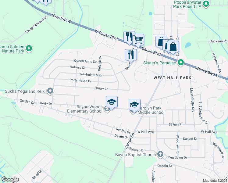 map of restaurants, bars, coffee shops, grocery stores, and more near 209 Drury Lane in Slidell