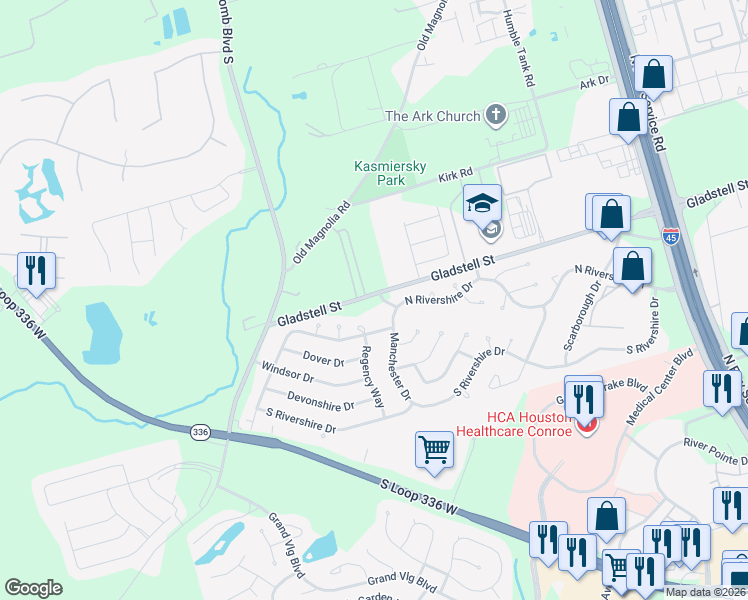 map of restaurants, bars, coffee shops, grocery stores, and more near 1101 Gladstell Street in Conroe