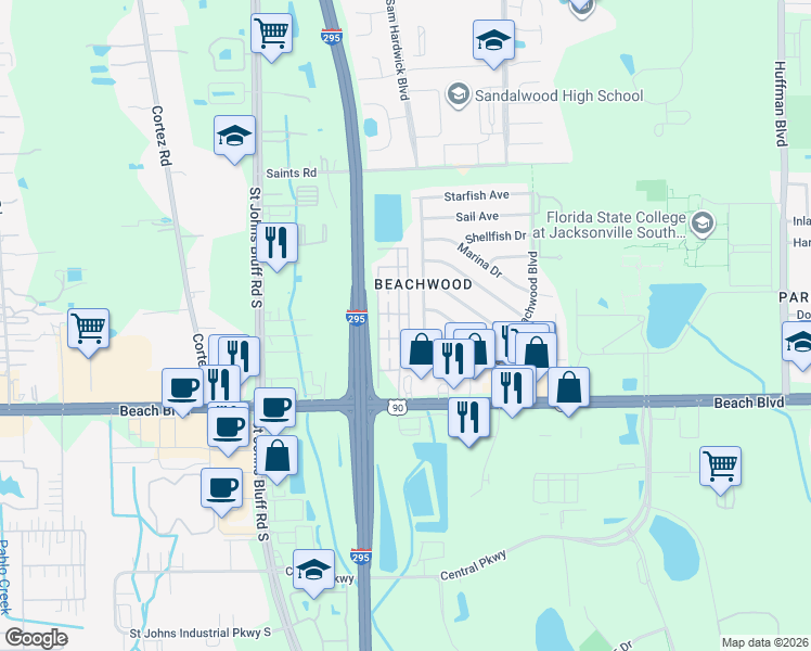 map of restaurants, bars, coffee shops, grocery stores, and more near 3112 Hunters Hill East in Jacksonville