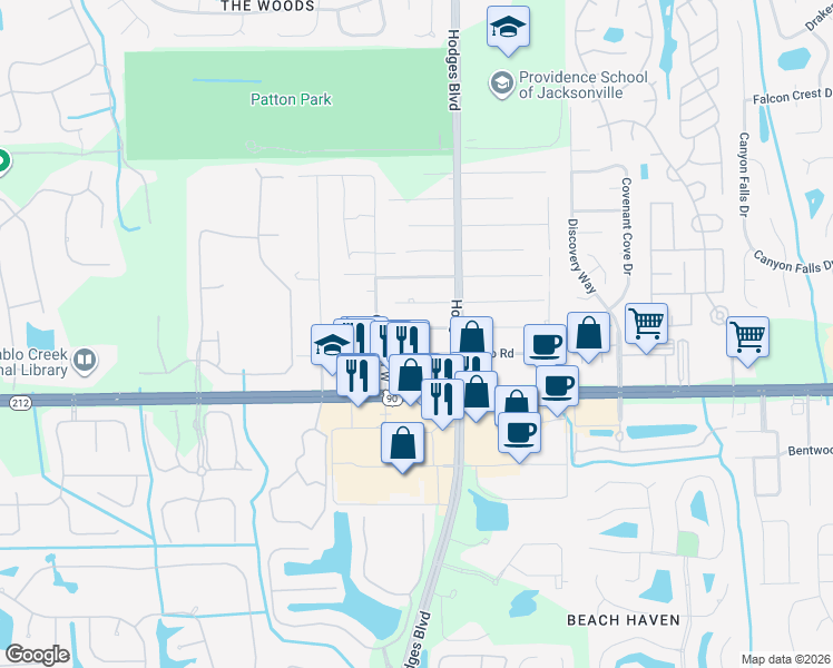 map of restaurants, bars, coffee shops, grocery stores, and more near 13544 Crashaw Road in Jacksonville