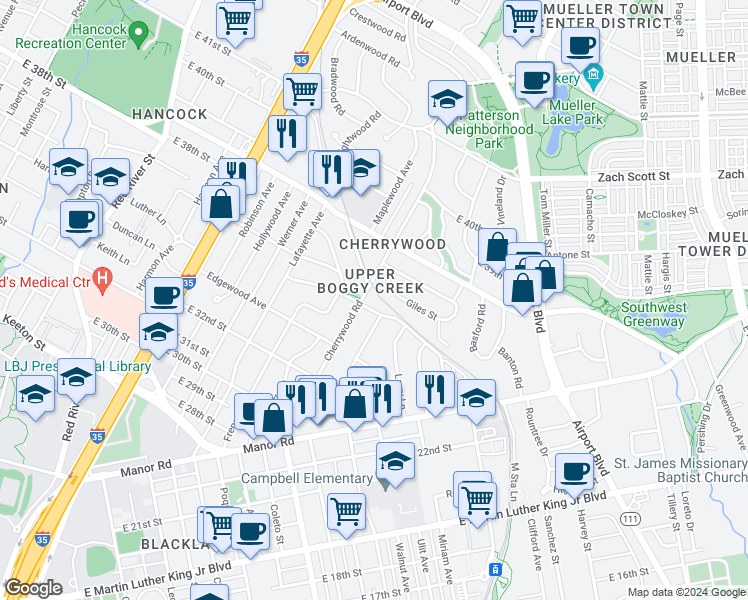 map of restaurants, bars, coffee shops, grocery stores, and more near 3403 Cherrywood Road in Austin