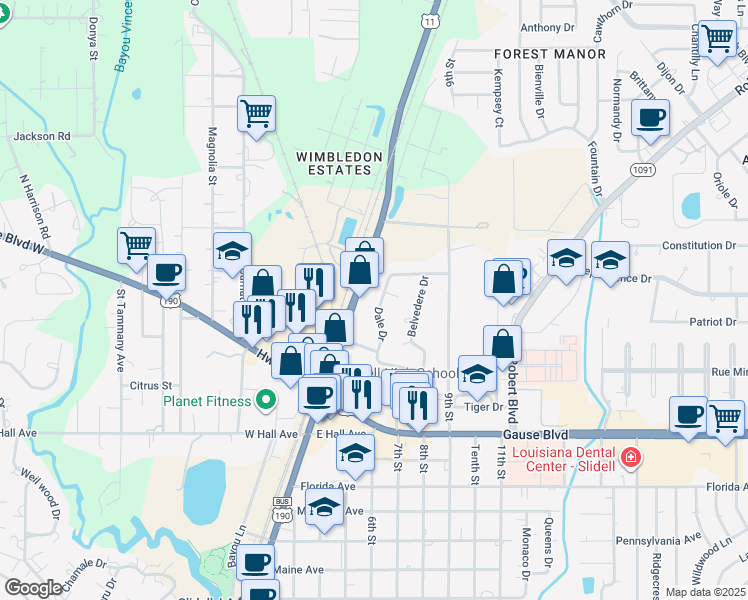 map of restaurants, bars, coffee shops, grocery stores, and more near 657 Dale Drive in Slidell