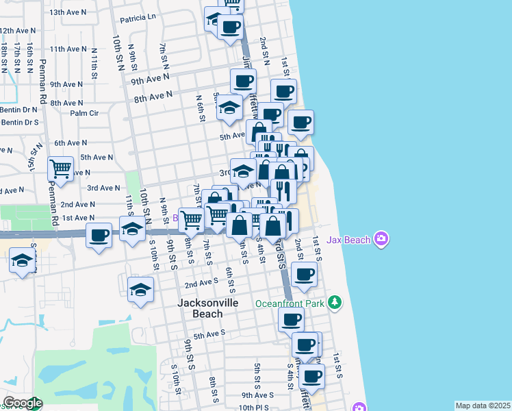 map of restaurants, bars, coffee shops, grocery stores, and more near 380 1st Avenue North in Jacksonville Beach
