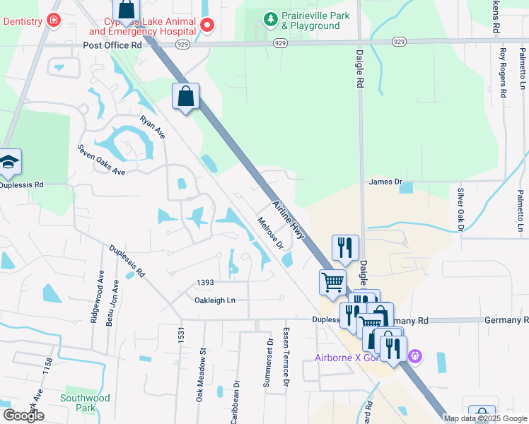 map of restaurants, bars, coffee shops, grocery stores, and more near 38351 Dixie Drive in Prairieville