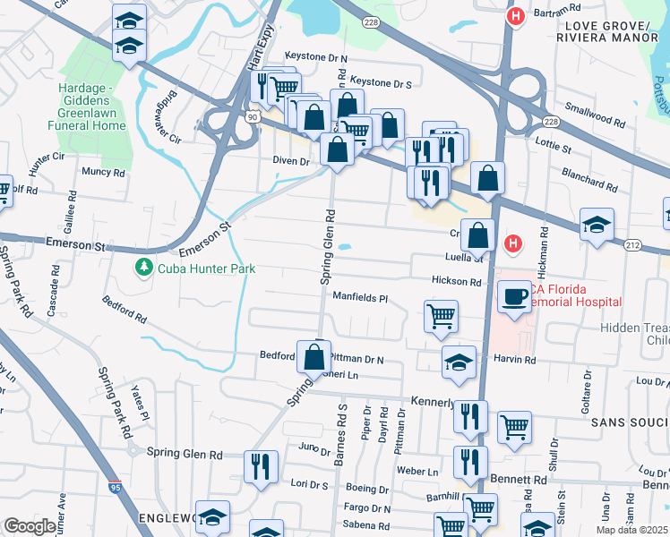 map of restaurants, bars, coffee shops, grocery stores, and more near 5447 Hickson Road in Jacksonville