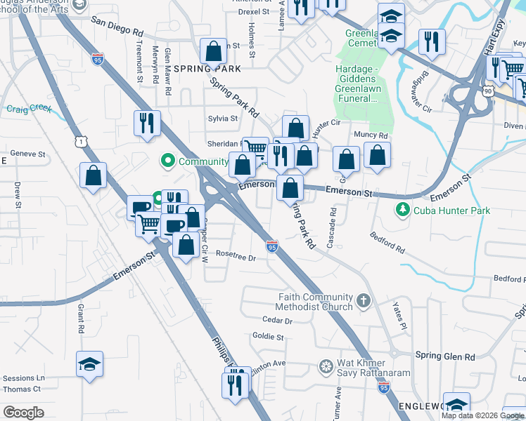 map of restaurants, bars, coffee shops, grocery stores, and more near 3604 Abby Lane in Jacksonville